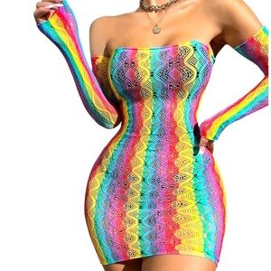 NWT Rainbow Strapless Hollow Sheer Out Bandeau Bodycon Mini Dress & Arm Sleeves